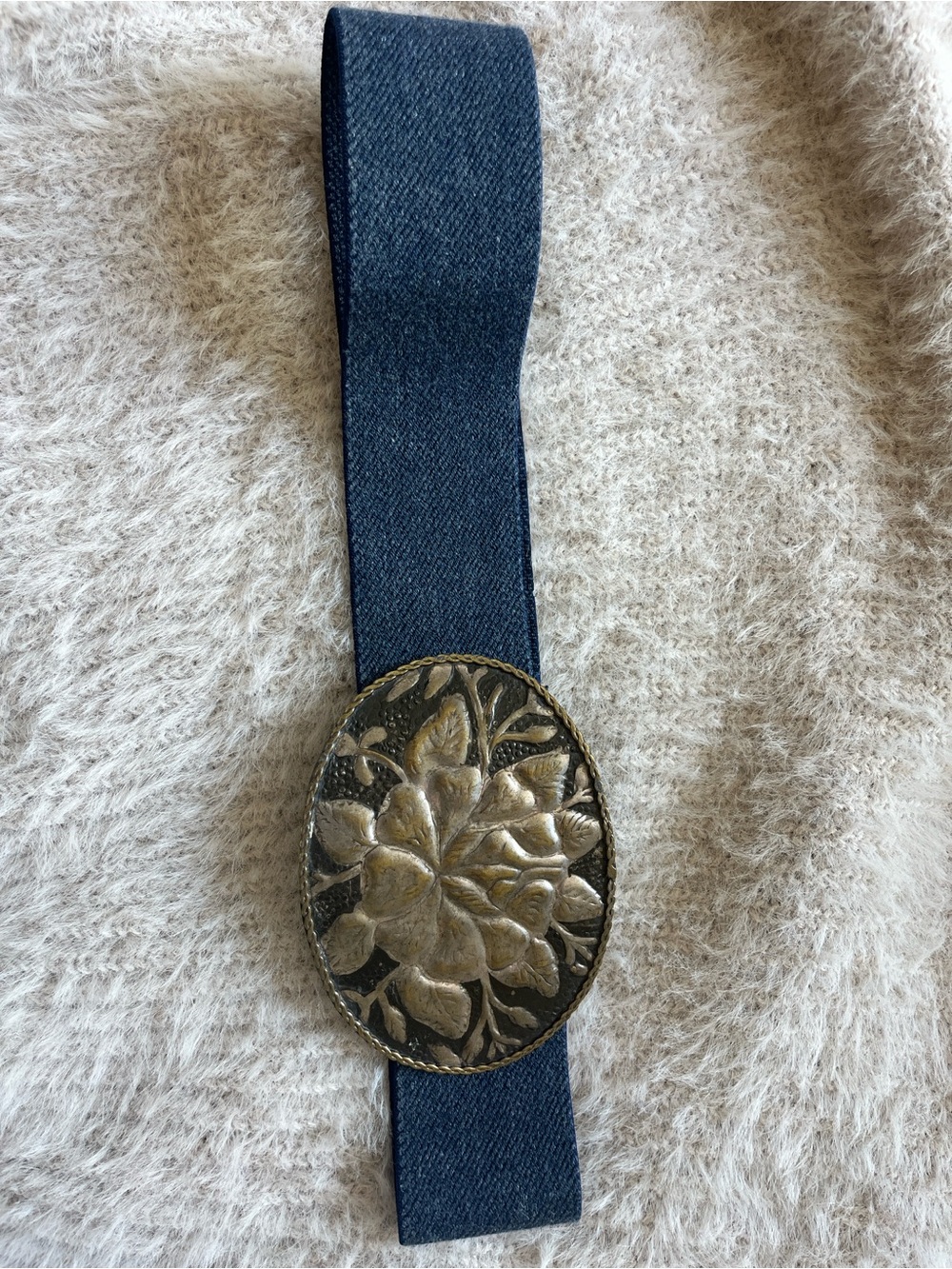 Elastic Navy Blue Belt with Antique Gold Floral Buckle